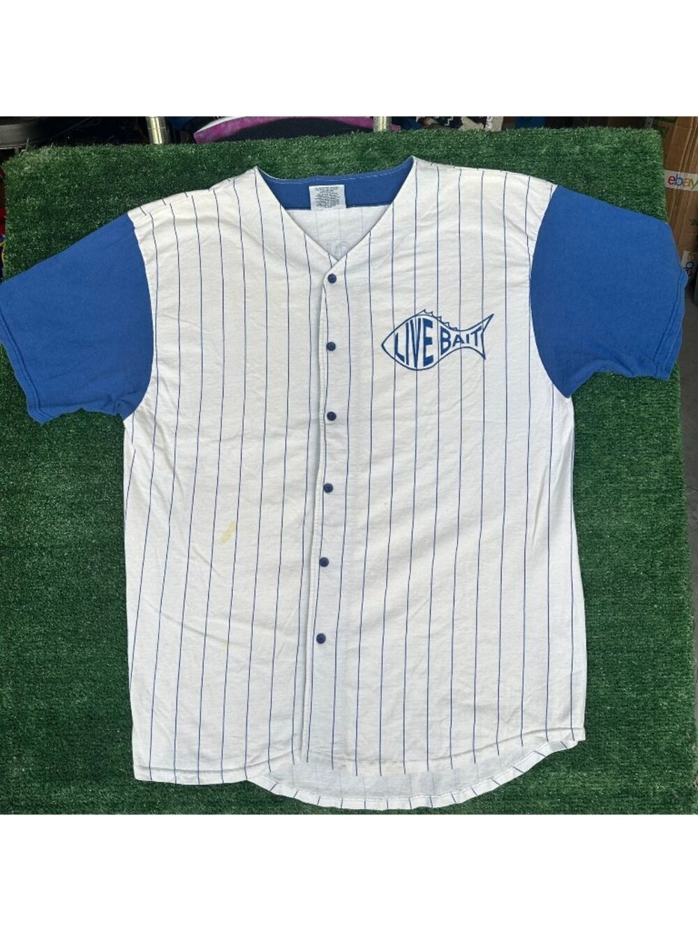 Vintage 90s Fishing Baseball Jersey T-Shirt White Blue XL Pinstripe Sportswear